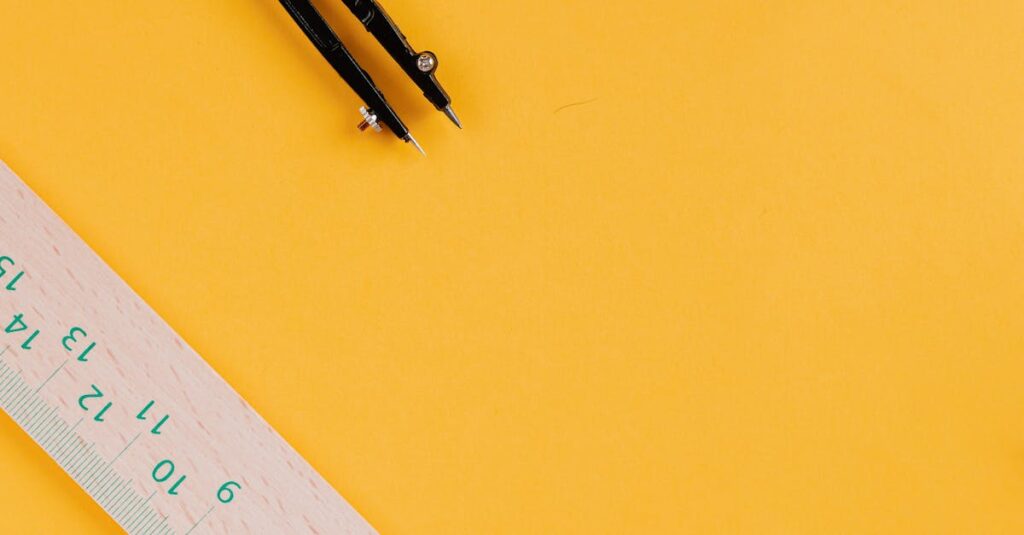 Top view of geometry tools on a vibrant yellow background, perfect for educational themes.